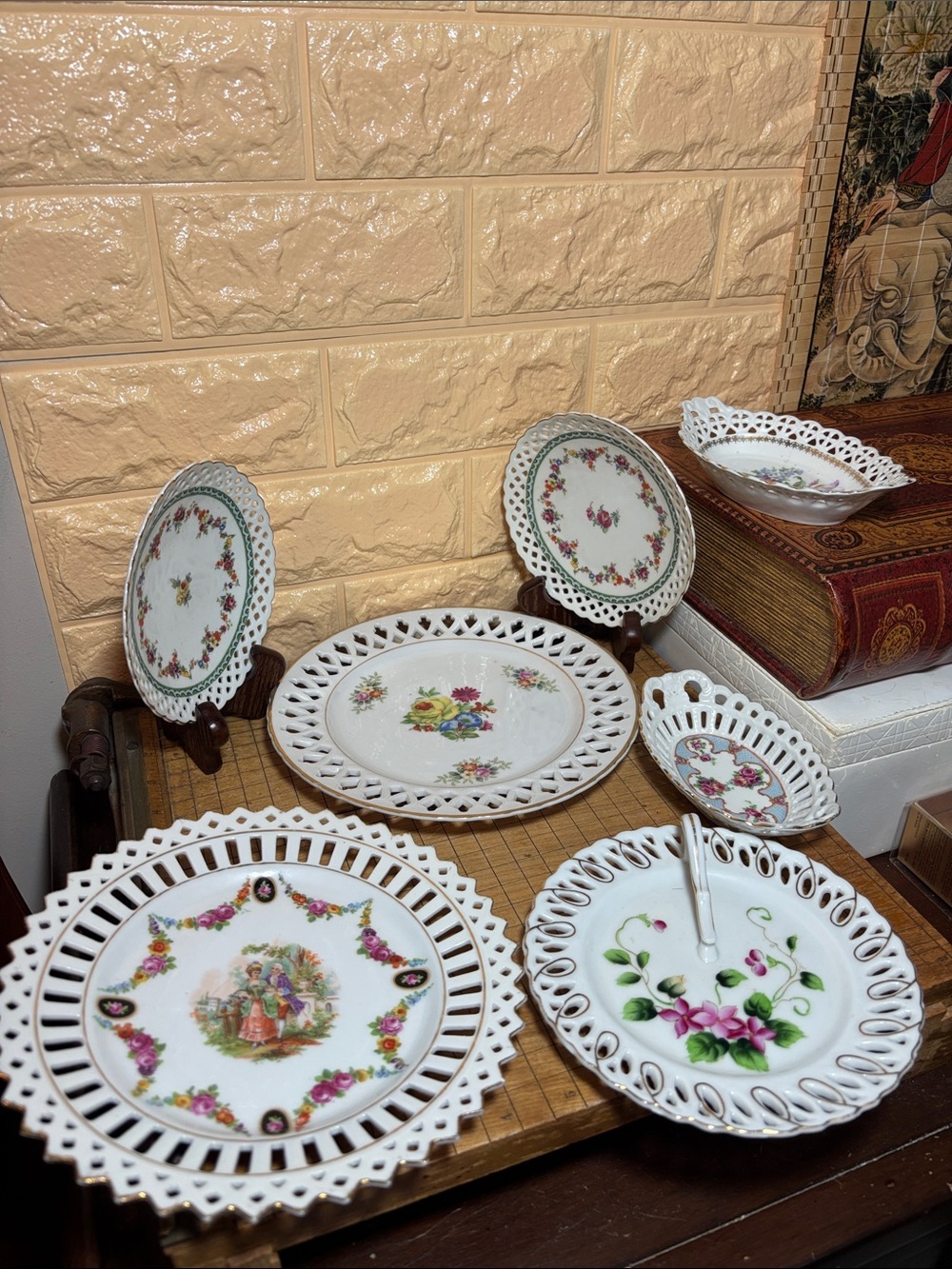 Vintage White Porcelain Lattice Plates , Baskets and Nappy with Floral Motifs